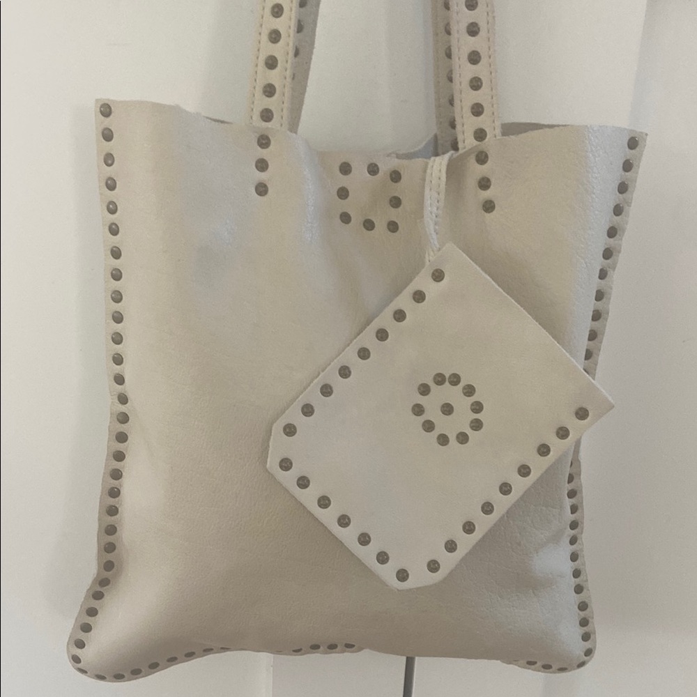 Cream Studded Tote with Chain Straps - Picture 2 of 16